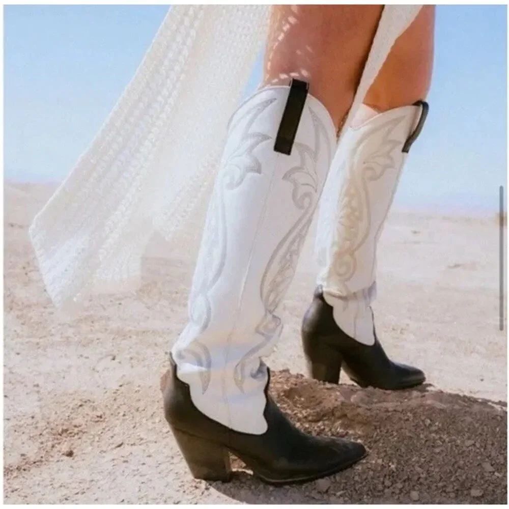 Steve Madden Lasso White Black Leather Western Tall Boots Size 8 Cowboy Style
